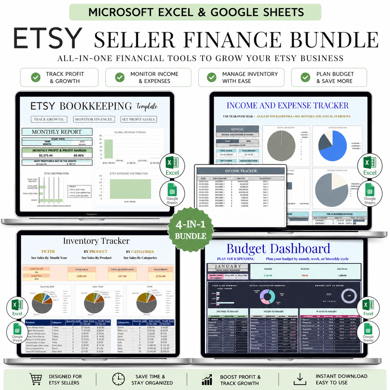 Etsy Seller Finance Bundle | Etsy Bookkeeping, Income Expense Tracker, Inventory Tracker & Budget Dashboard
