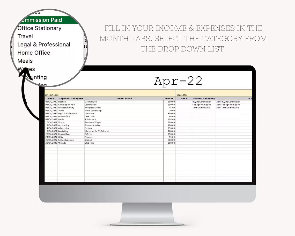 Real Estate Income and Expenses Bookkeeping Spreadsheet, Real Estate & Estate Agent Expense Tracker Spreadsheet, Income Tracker