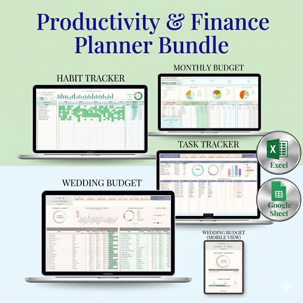 Productivity & Finance Planner Bundle | Habit Tracker, Monthly Budget, Task Tracker, Wedding Budget Spreadsheet Templates