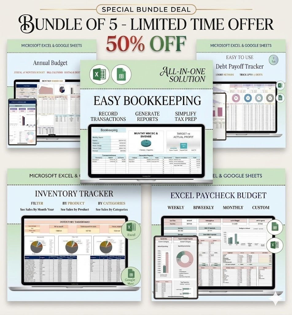 Financial Planner Bundle OF 5 | Easy Bookkeeping Template, Annual Budget, Debt Payoff Tracker, Inventory Tracker, Paycheck Budget Spreadsheet