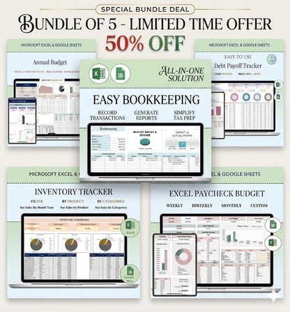 Financial Planner Bundle OF 5 | Easy Bookkeeping Template, Annual Budget, Debt Payoff Tracker, Inventory Tracker, Paycheck Budget Spreadsheet