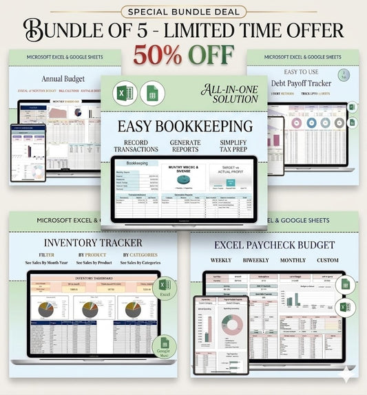 Financial Planner Bundle OF 5 | Easy Bookkeeping Template, Annual Budget, Debt Payoff Tracker, Inventory Tracker, Paycheck Budget Spreadsheet