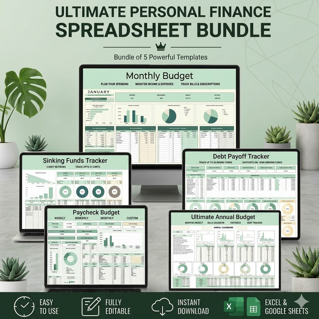 Ultimate Personal Finance Spreadsheet Bundle | Budget Planner, Debt Payoff Tracker, Sinking Funds & Paycheck Budget