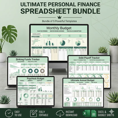 Ultimate Personal Finance Spreadsheet Bundle | Budget Planner, Debt Payoff Tracker, Sinking Funds & Paycheck Budget